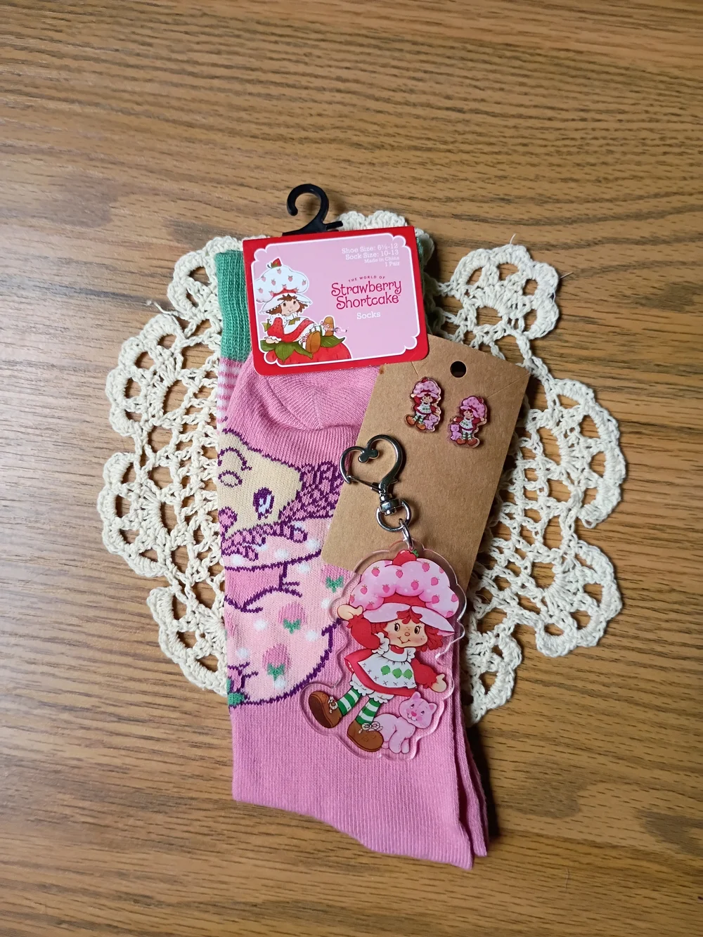 Pink Socks, Keychain And Earrings Set